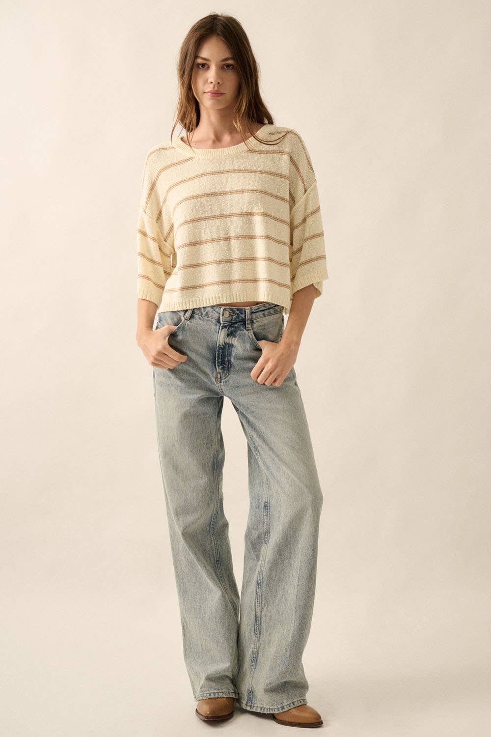 Promesa USA – Pulôver - Mulher por atacado – Suéter solto de malha listrada com decote em barco manga 3/42