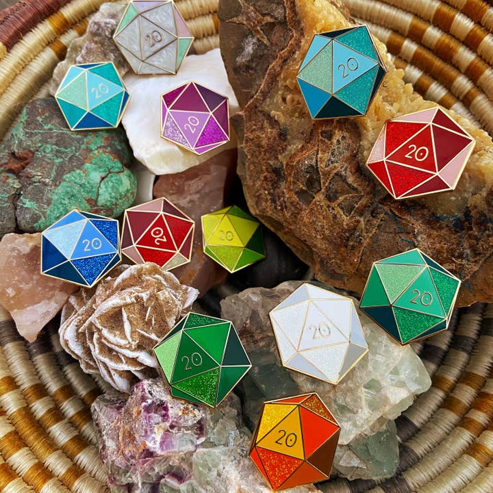 Storymakers Trading Co. - Wholesale Lapel Pin/Button - Opal d20 - October birthstone - D&D/RPG enamel pin