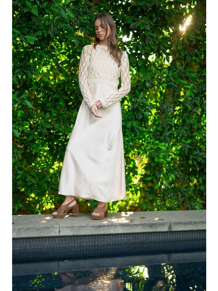 MIOU MUSE - Wholesale Dress - Women's - D4205   SATIN SLIP DRESS WITH CROCHET KNITTED TOP2