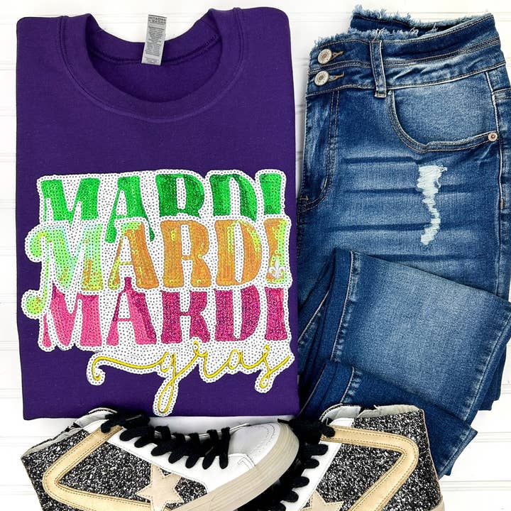 Mardi Gras Sequin Patch Gildan Sweatshirt for wholesale by Nikkilynn Wholesale