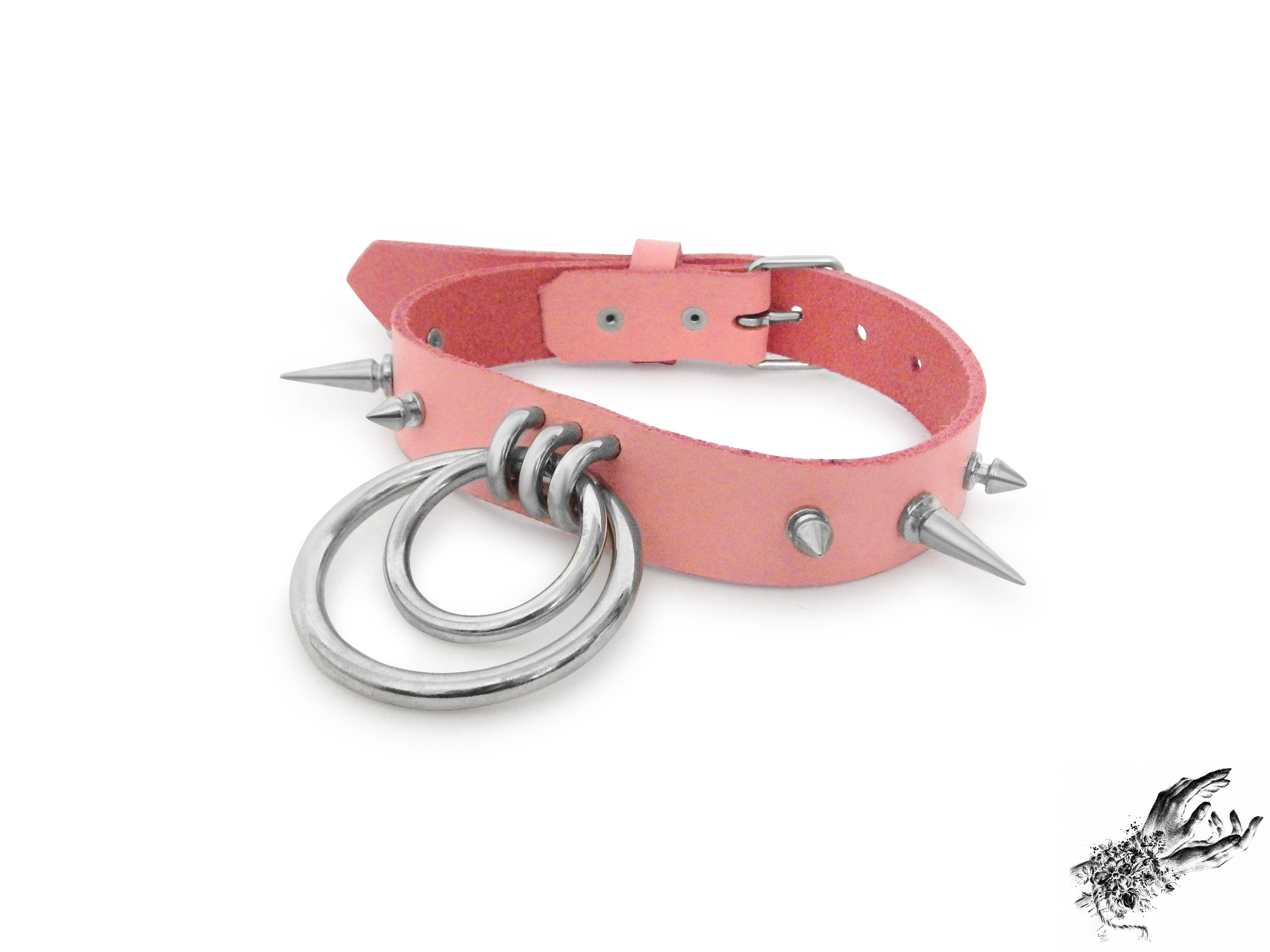 8th Sin - Wholesale Choker/collar - Pink Studded Double O Ring Choker (Long and Short Spikes)