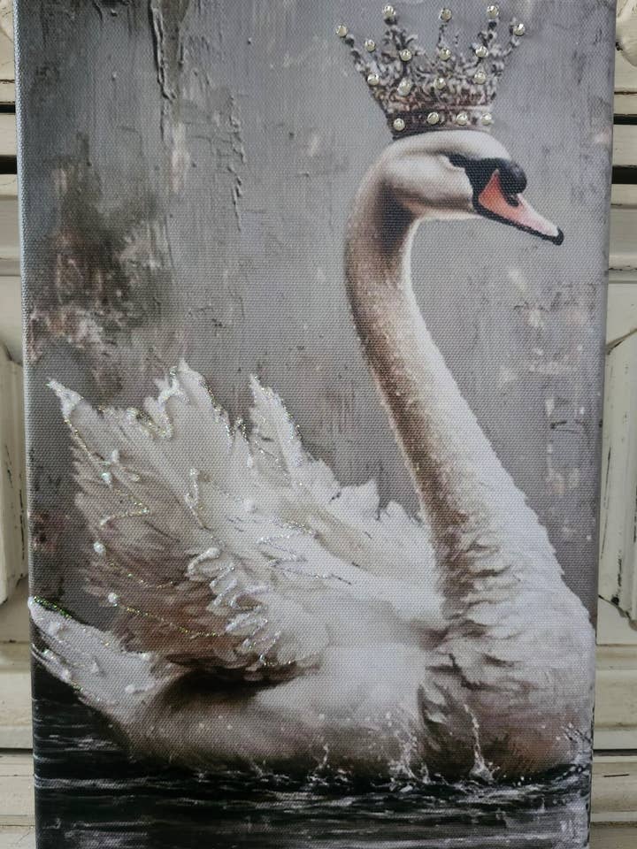 Lærredsvægkunst Kronet Svane Rhinsten og Glimmer for engroshandel hos Little Heart Designs