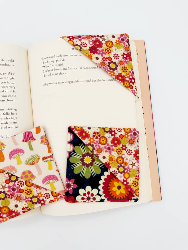 Handmade Corner Bookmarks - Set of 3, Groovy Retro Fabric for wholesale by Moonshadow Caravan