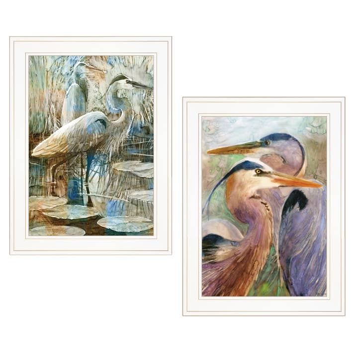 Trendy Decor 4U - Wholesale Gallery Wall Set - "Blue Heron Duet" 2-Piece Vignette, White Frame