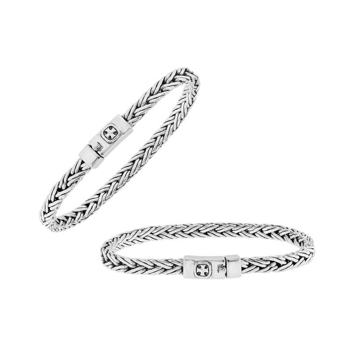 Bali Designs - Wholesale Bangle Bracelet - AB-1172-S Sterling Silver Wheat Chain Bracelet With Cross Engraved Push Clasp0