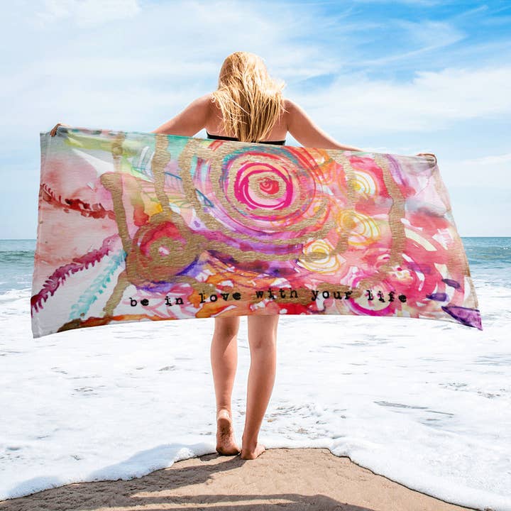 βBe in Love with Your Lifeβ Beach Towel for wholesale by katharinalucia ART