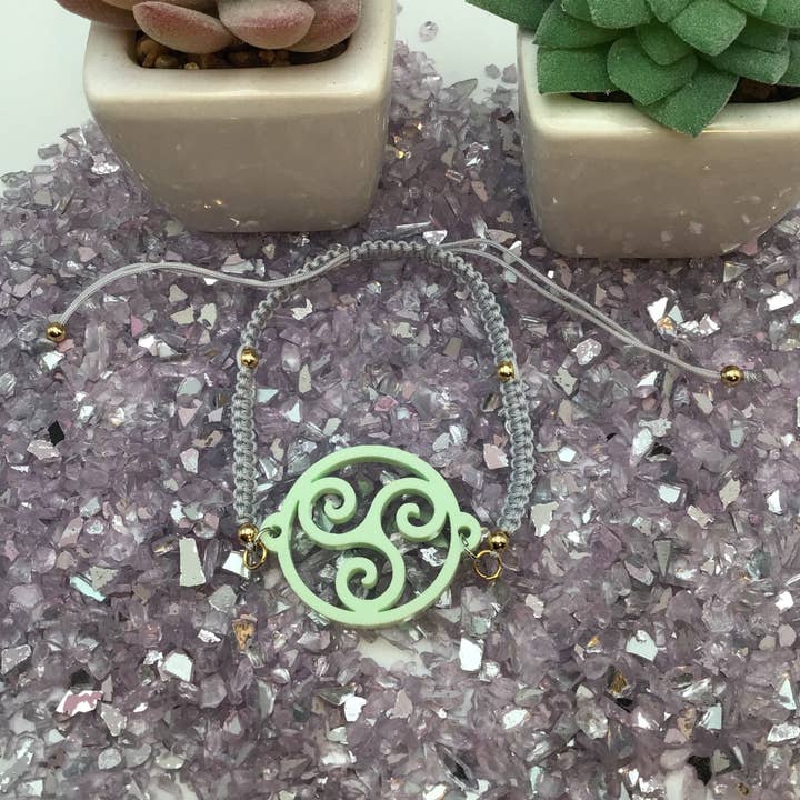 BDSM Triskelion Mint Green Acrylic on Adjustable Gray Bracelet for wholesale by Bound Kitten