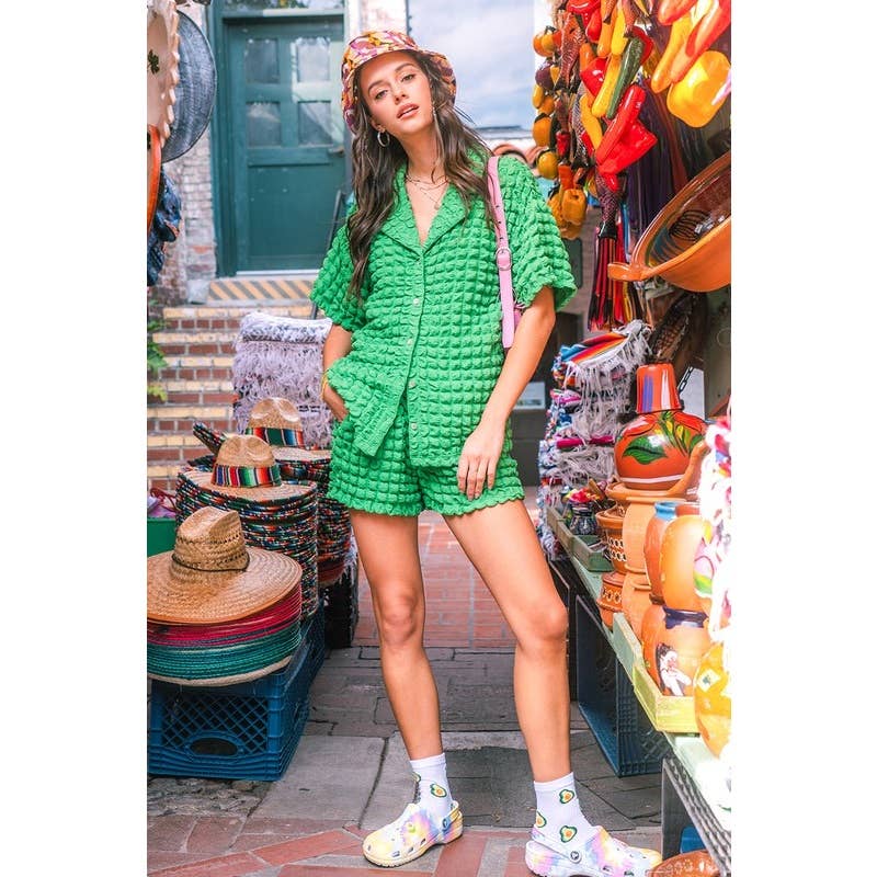 IVE - Vente Ensemble haut et short (PAS d'intérieur) - Femme - Ensemble chemisier à manches courtes bouffantes et mini-short7