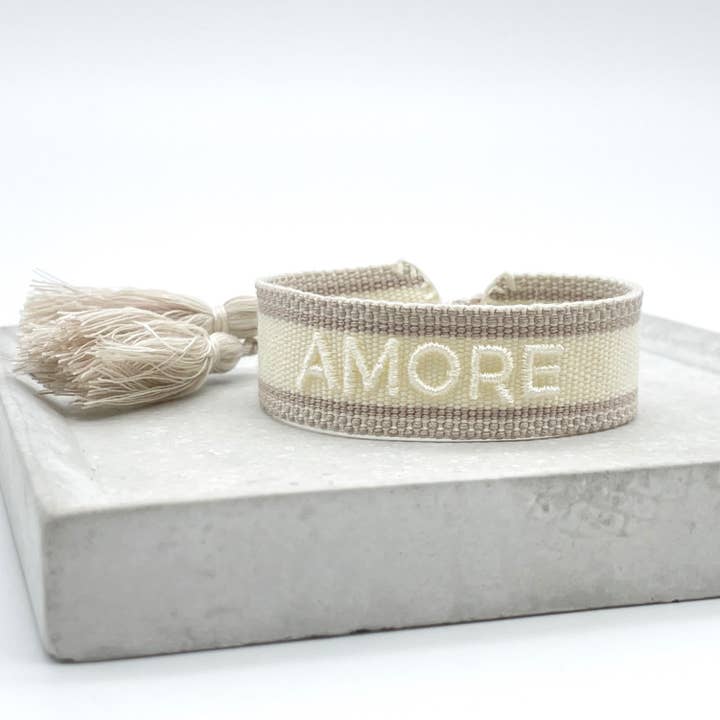 AMORE statement bracelet woven, embroidered for wholesale by Parsley & Pepper