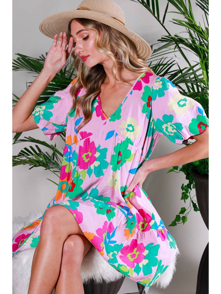 Vine & Love - Wholesale Dress - Women's - V-Neck Short Bubble Sleeve Floral Printed Mini Dress VD81819