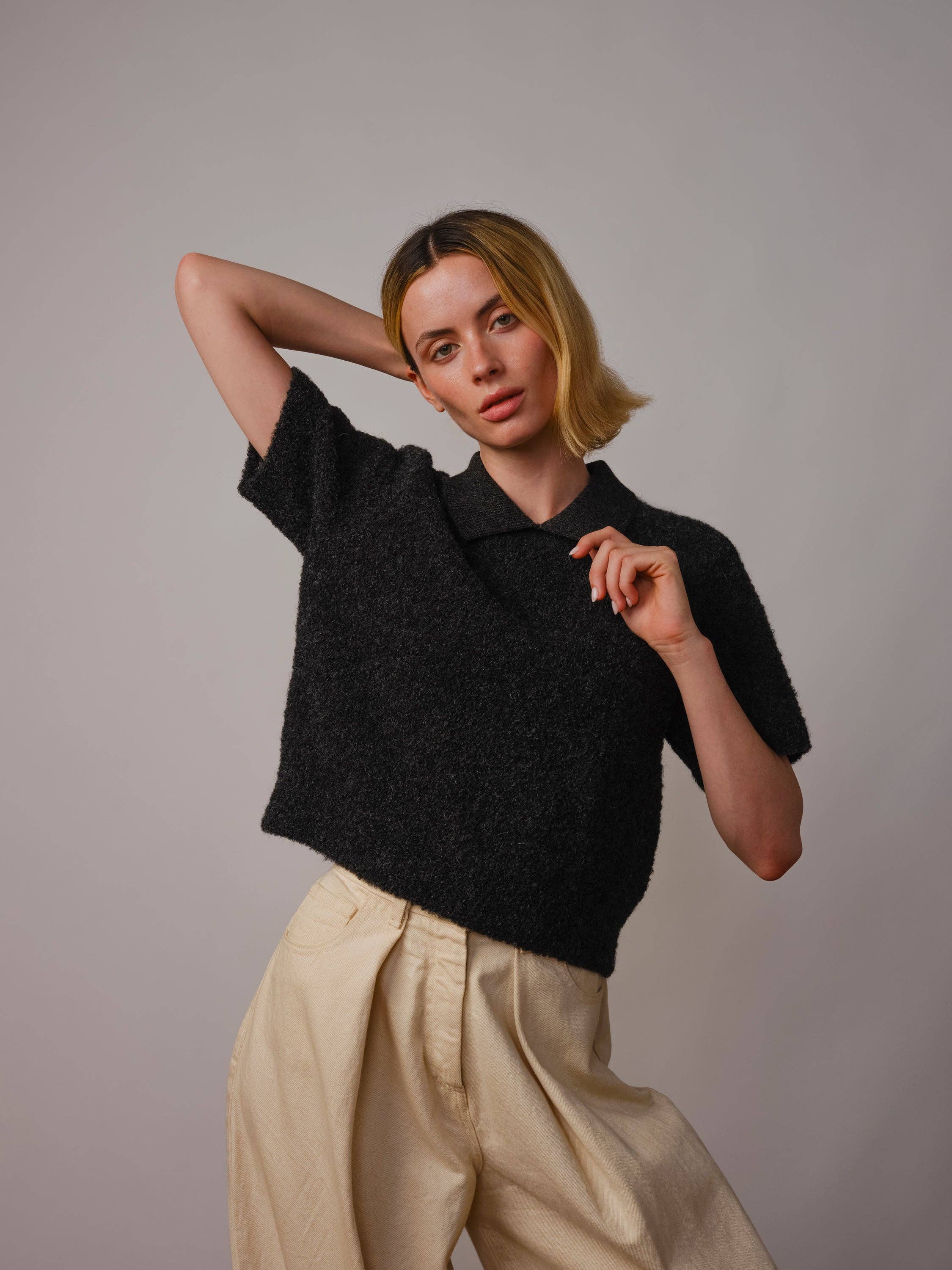 The Endery - Wholesale Polo - Women's - Ramona Bouclé Short Sleeve Polo - Anthracite1