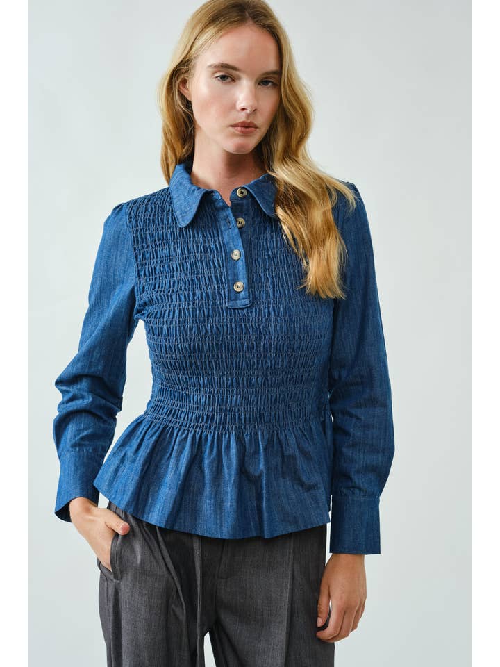 Aaron & Amber - Wholesale Button Down Shirt - Women's - AJT5237
SMOCKED PETERPAN COLLAR PEPLUM BLOUSE9