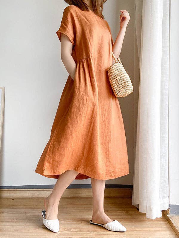 StyleGalX - Wholesale Dress - Women's - Casual Loose Solid Color Round-Neck Midi Dresses