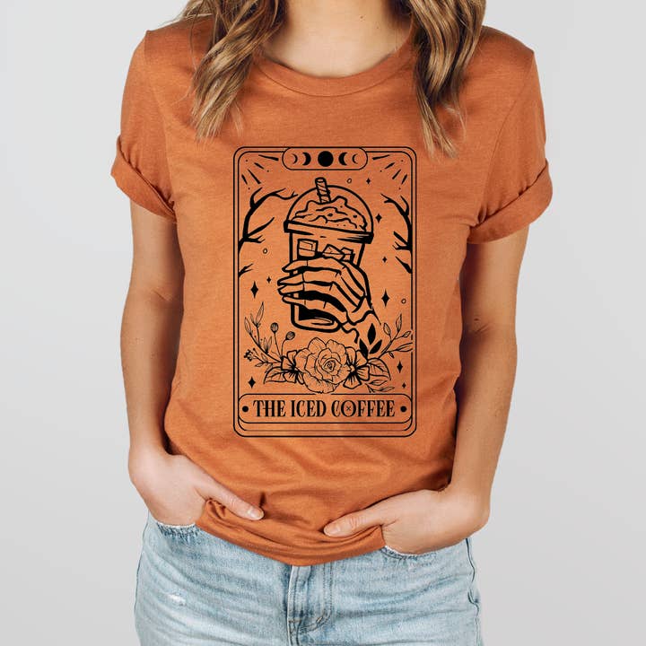 The Iced Coffee Tarot Card Bella Canvas Tees in Three Colors for wholesale by Boho Bailey