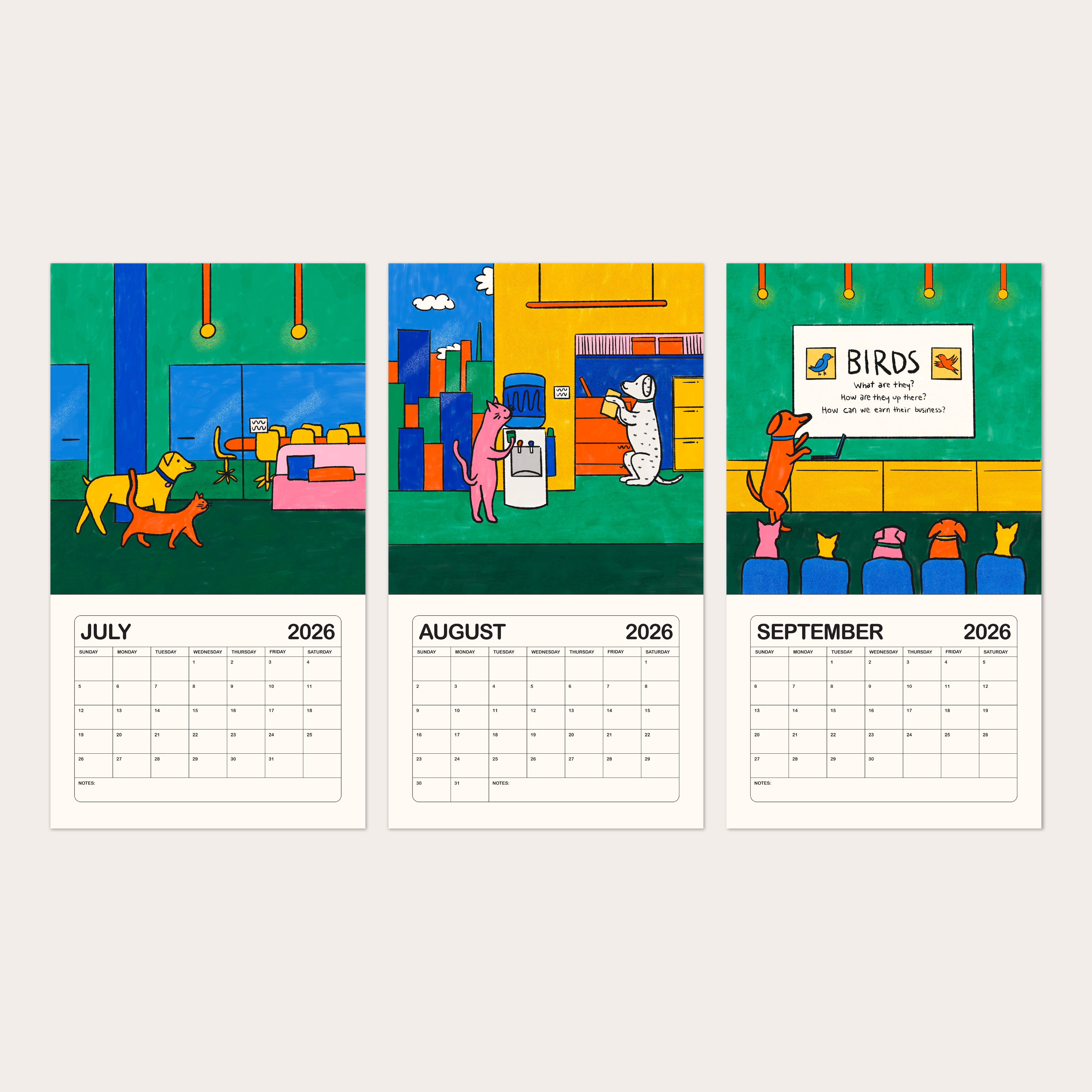 Gab Art & Design – wholesale Calendar – 2026 illustrated wall calendar: a day in the life of corporate cats + dogs6