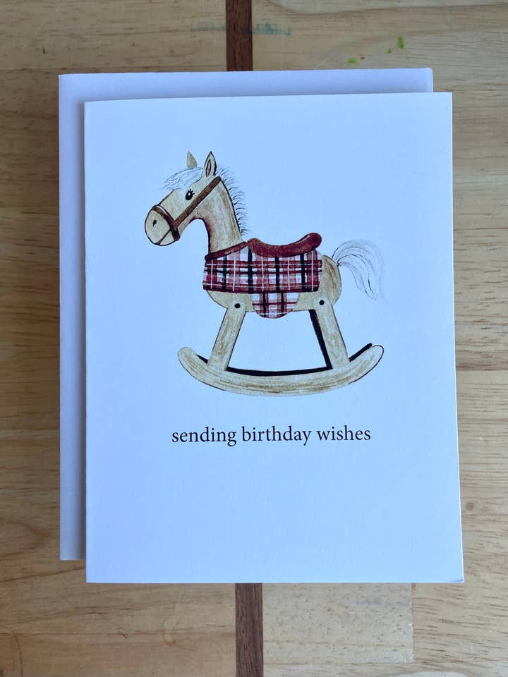 Schaukelpferd - Geburtstagswünsche - Aquarell-Grußkarte für den Großhandel von Kristin Schmidt Artist