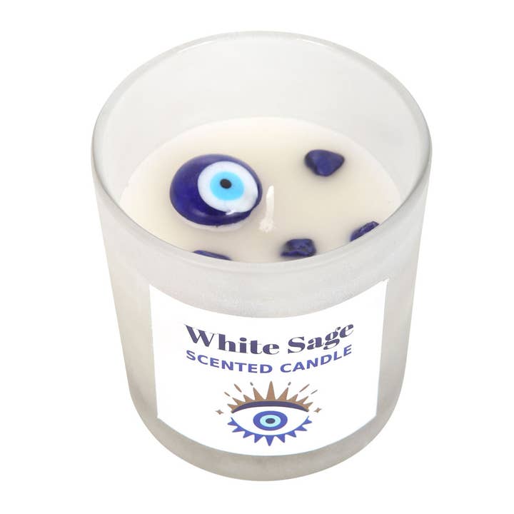 Something Different Wholesale - Wholesale Jar/Filled Candle - All Seeing Eye White Sage Crystal Chip Protection Candle1