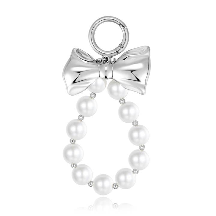 Ornaments-Pearl-strung beaded bow phonecase keychain charm for wholesale by Eagle Crest Industries Inc.