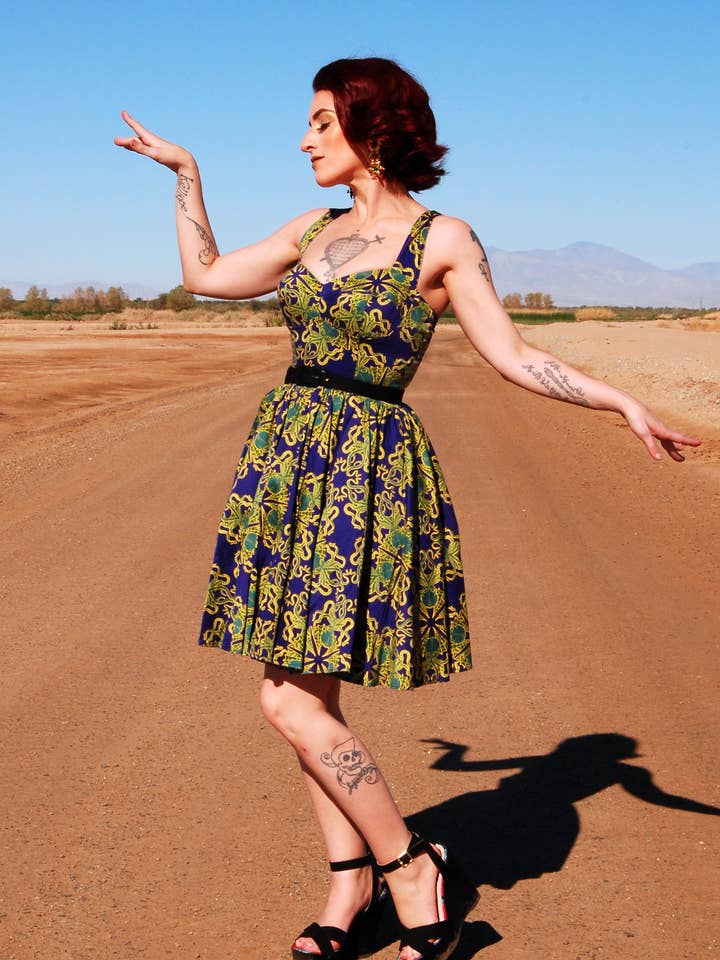 Vera Vintage Swing Dress in Daddy Cthulhu Cotton Sateen | Laura Byrnes & Hope Johnstun for wholesale by Pinup Couture