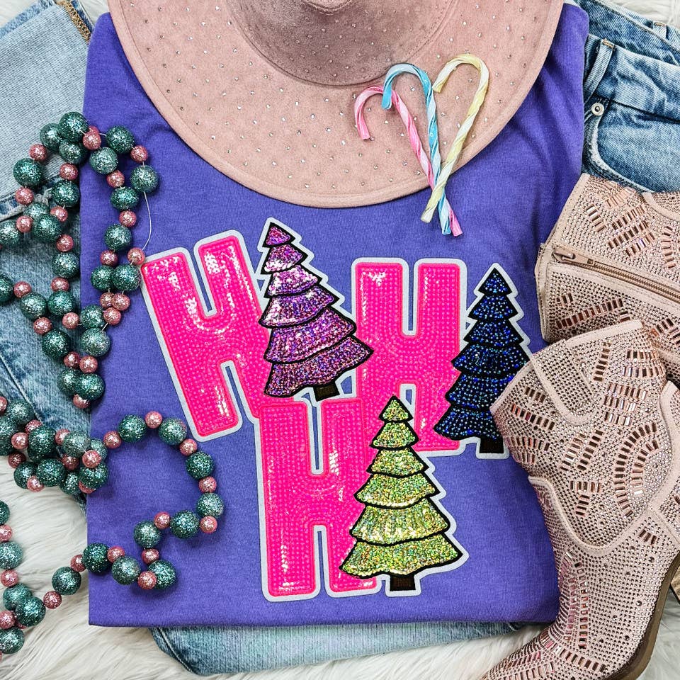 Trendy Transfers - Wholesale Patch - Sequin HoHoHo with Trees Patch1