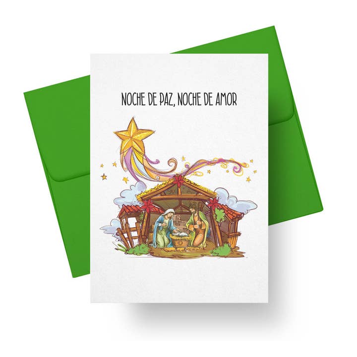 Spanish "Noche de Paz" Nativity Christmas Card for wholesale by Paper Tacos®