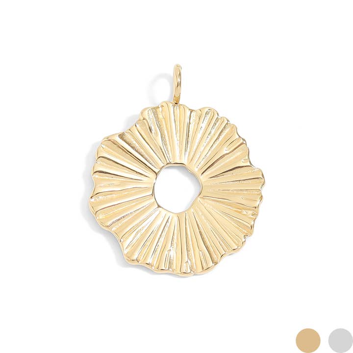 WJW - Wholesale Individual Charm/Pendant - 18K Gold PVD Stainless Steel Textured Sunburst Circle Charm