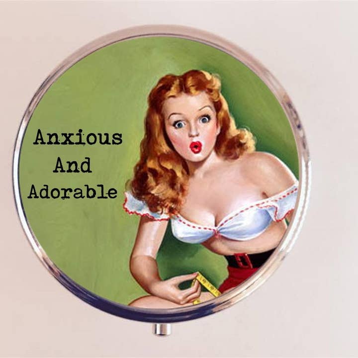 Anxious and Adorable Pin Up Funny Pill Box Case Pillbox Holder Trinket Stash Box Introverts Pinup Girl Funny Humor Gifts Social Anxiety for wholesale by FringePop