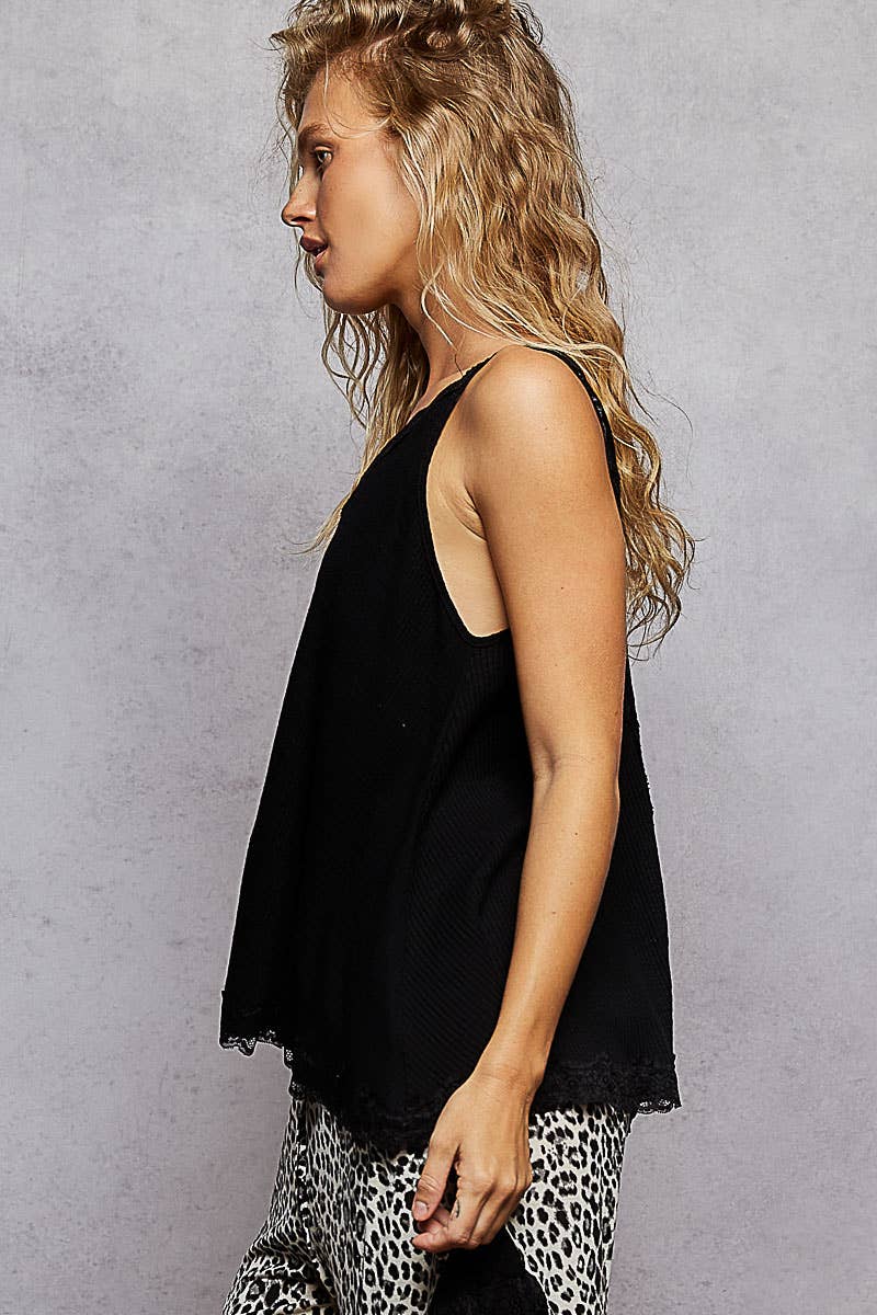 Pol Clothing - Wholesale Tank Top - Women's - V-neck Sleevleess Lace Trim Solid Tank Top SALE2