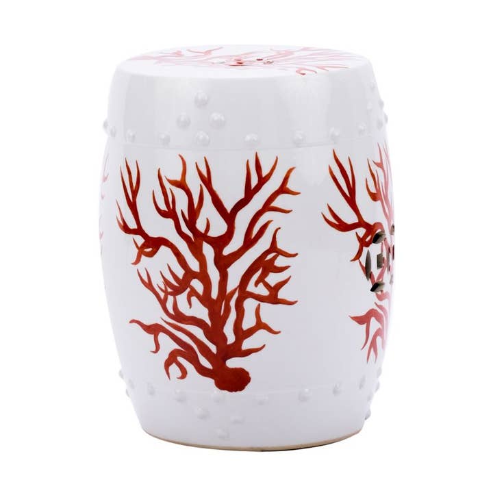 White Porcelain Garden Stool With Red Coral Branches Pattern for wholesale by Legend Accents