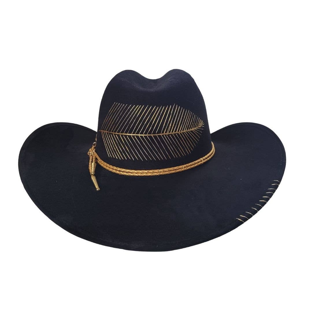 PETRA SAVAGE - Wholesale Cowboy Hat - Women's - Kylin Black Suede Cowboy Hat with Gold Feather Embroidery5