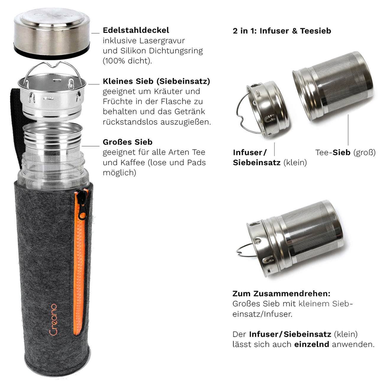 Creano - Wholesale Tea Strainer/Infuser - Double-walled teamaker incl. felt bag (400ml); orange4