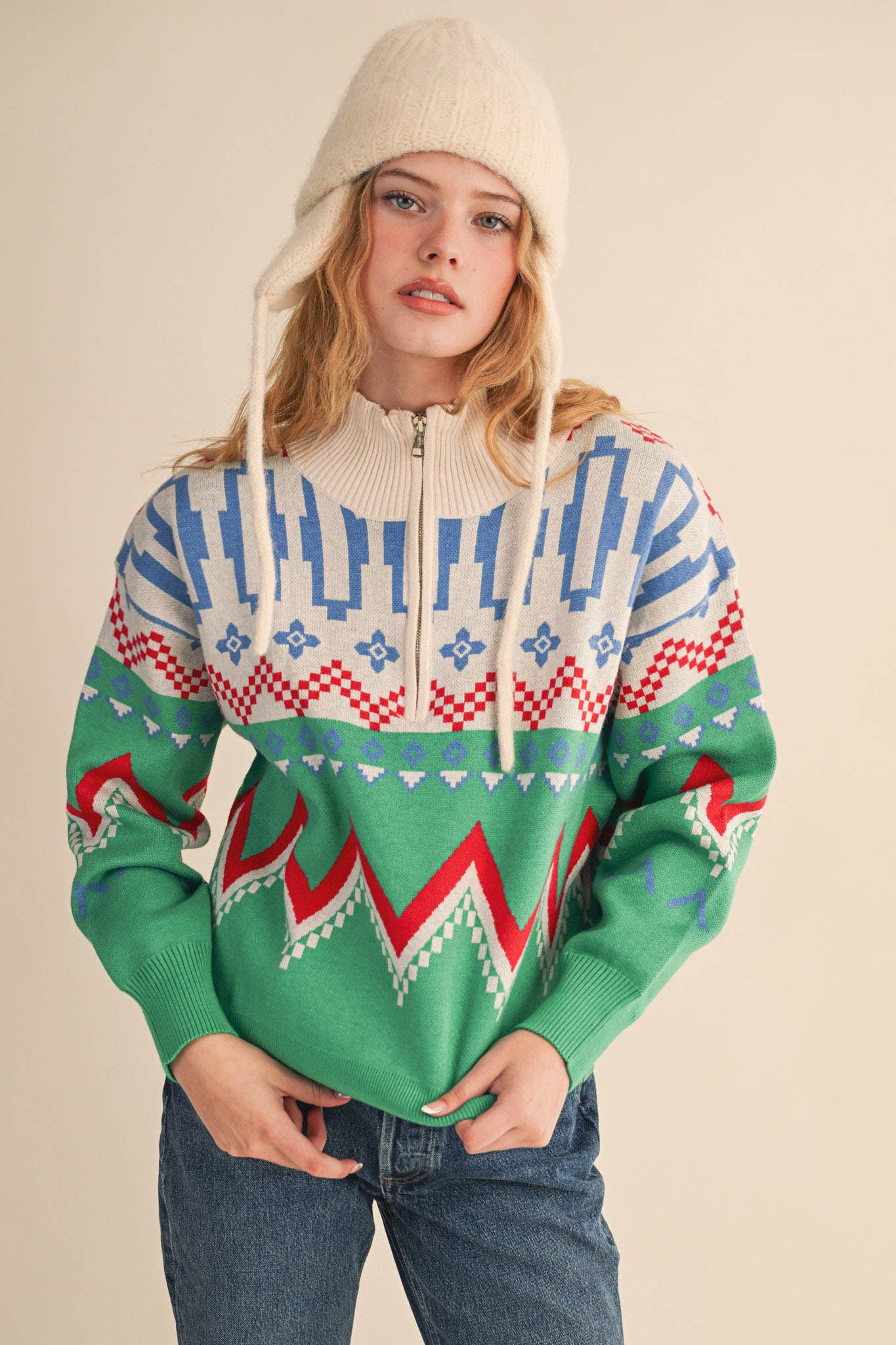 Burgundy Multi GEOMETRIC KNIT MOCK NECK HALF ZIP PULLOVER SWEATER MSW10885 for wholesale on Faire34