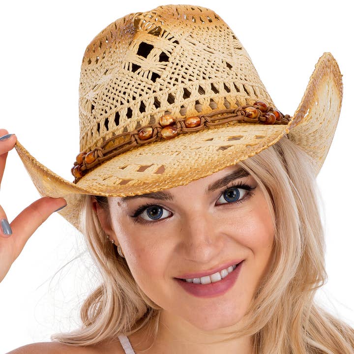 Cap Zone - Wholesale Straw hat – women's - Lightly Beaded Vintage Burnt Crochet Straw Cowboy Hat3