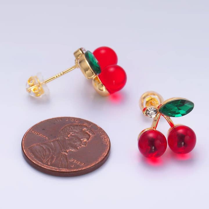 Aim Eternal - Wholesale Stud/Post Earrings - 24K Gold Filled 13mm CZ Cherry Fruit Stud Earrings | AB7201