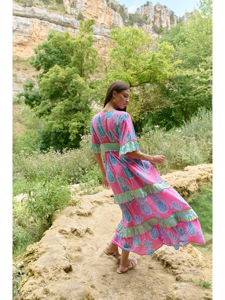 Piti Cuiti - Wholesale Dress - Women's - PINK PINEAPPLE LONG DRESS WITH LONG SLEEVES