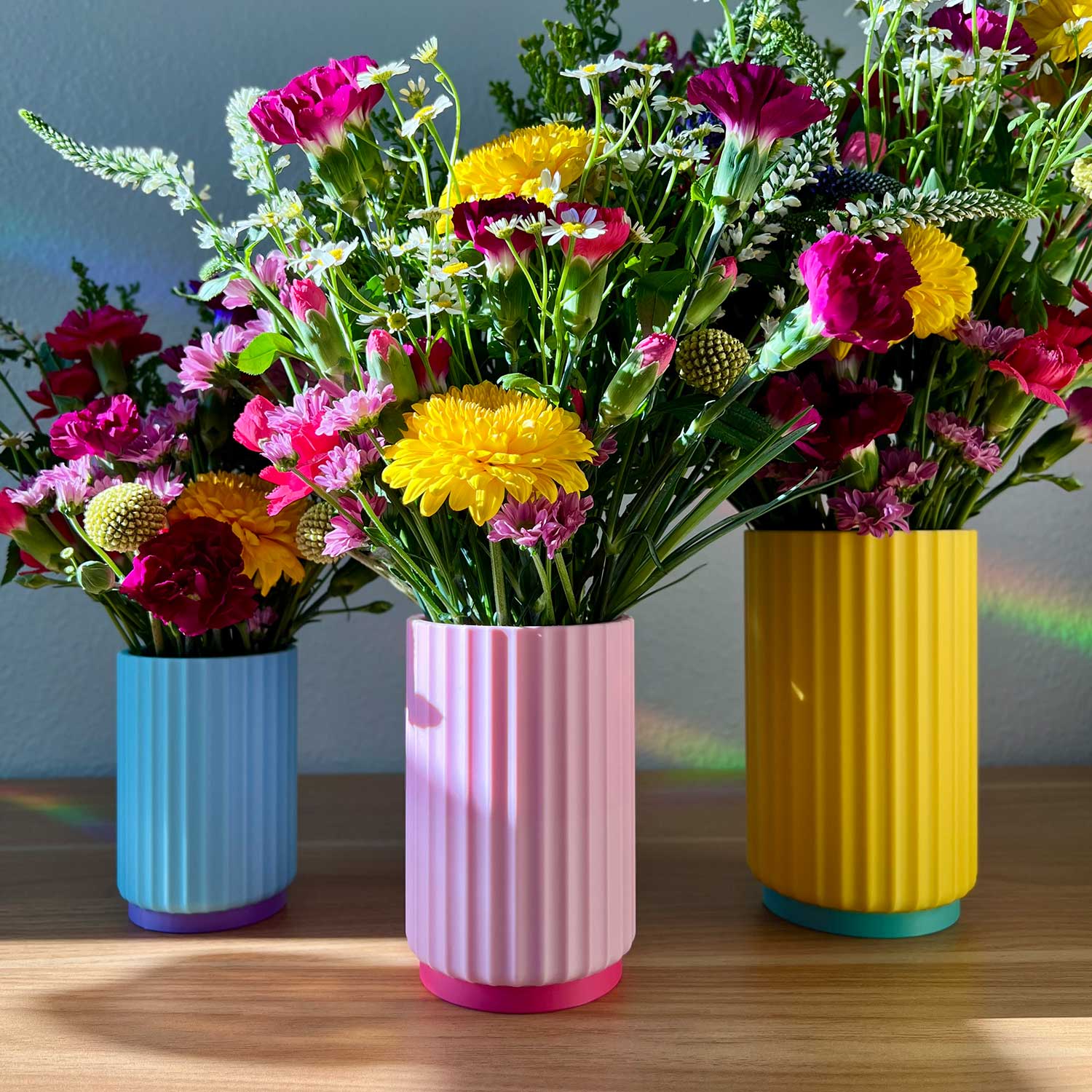 Daisy Wood Design - Wholesale Vase - Colorful Fluted Flower Vase Trio With Glass Inserts0