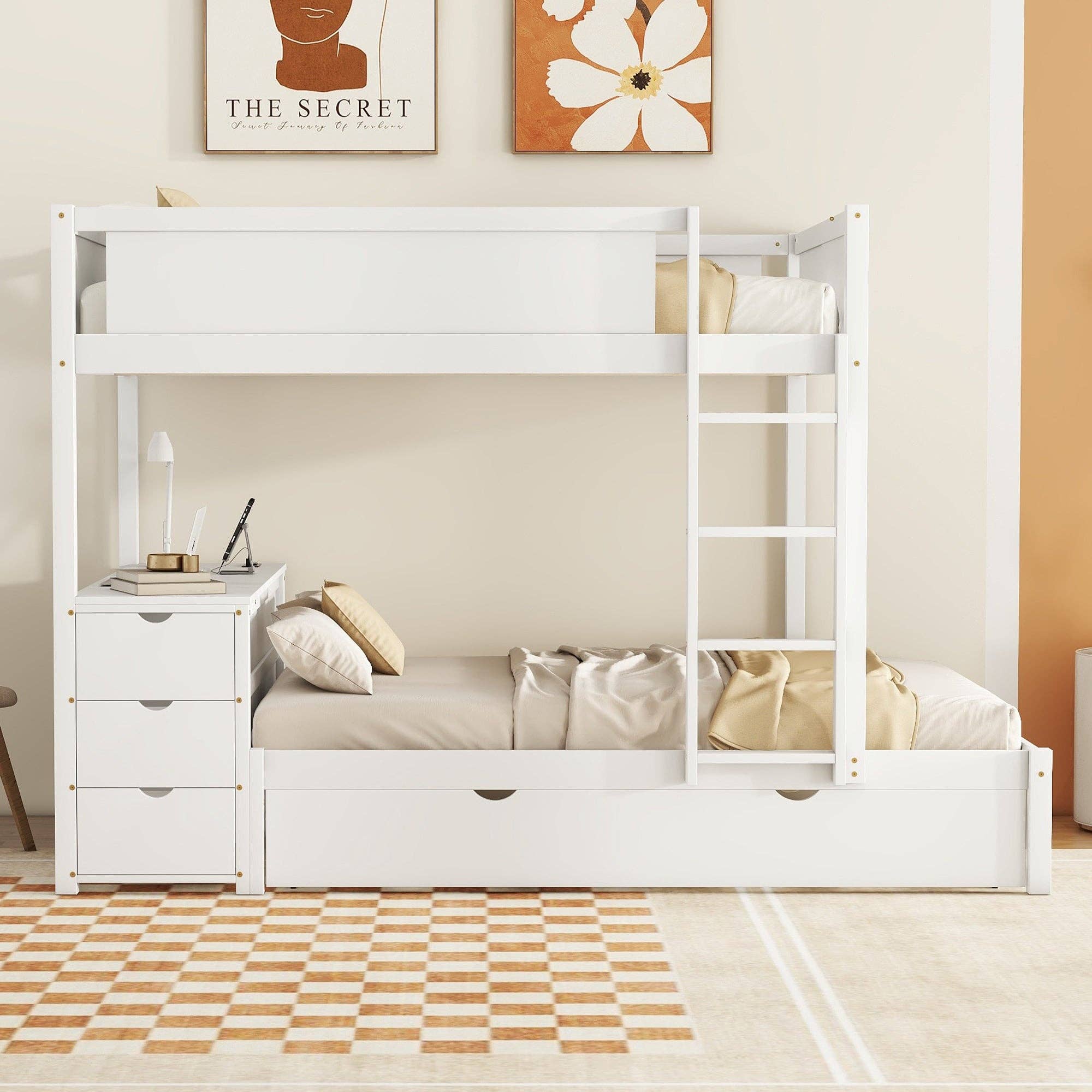 39F Inc. - Wholesale Bed - Full-Over-Full Bunk Bed with Trundle, Storage & Desk – White1