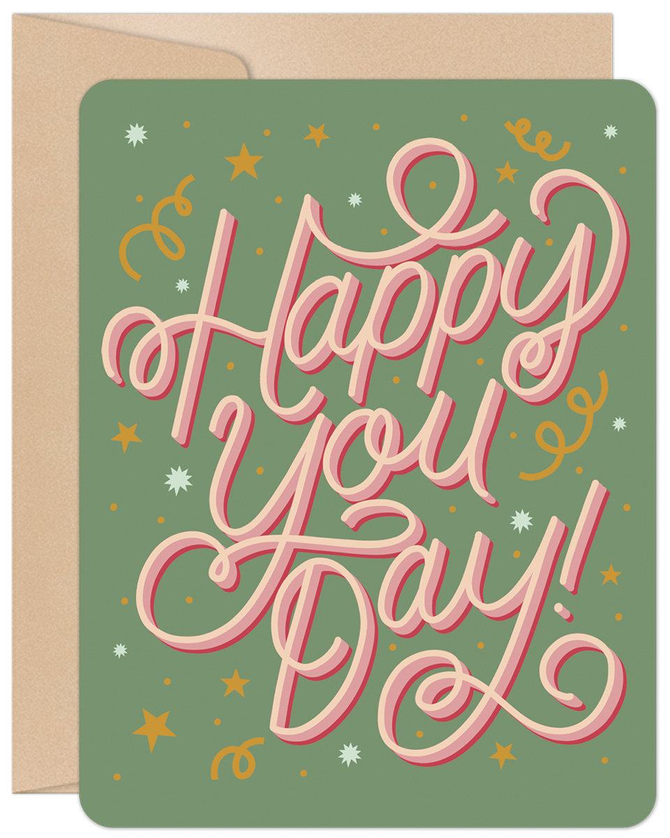 Willow & Ivy Press - Wholesale Birthday Card - Happy You Day Pink and Green Birthday Card0