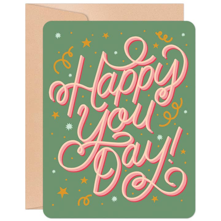 Willow & Ivy Press - Wholesale Birthday Card - Happy You Day Pink and Green Birthday Card