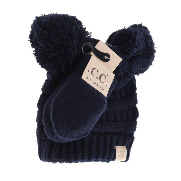C.C Beanie - Wholesale Beanie - Kids - BABY Solid Knit Double Pom C.C Beanie with Mitten SET BABYSE