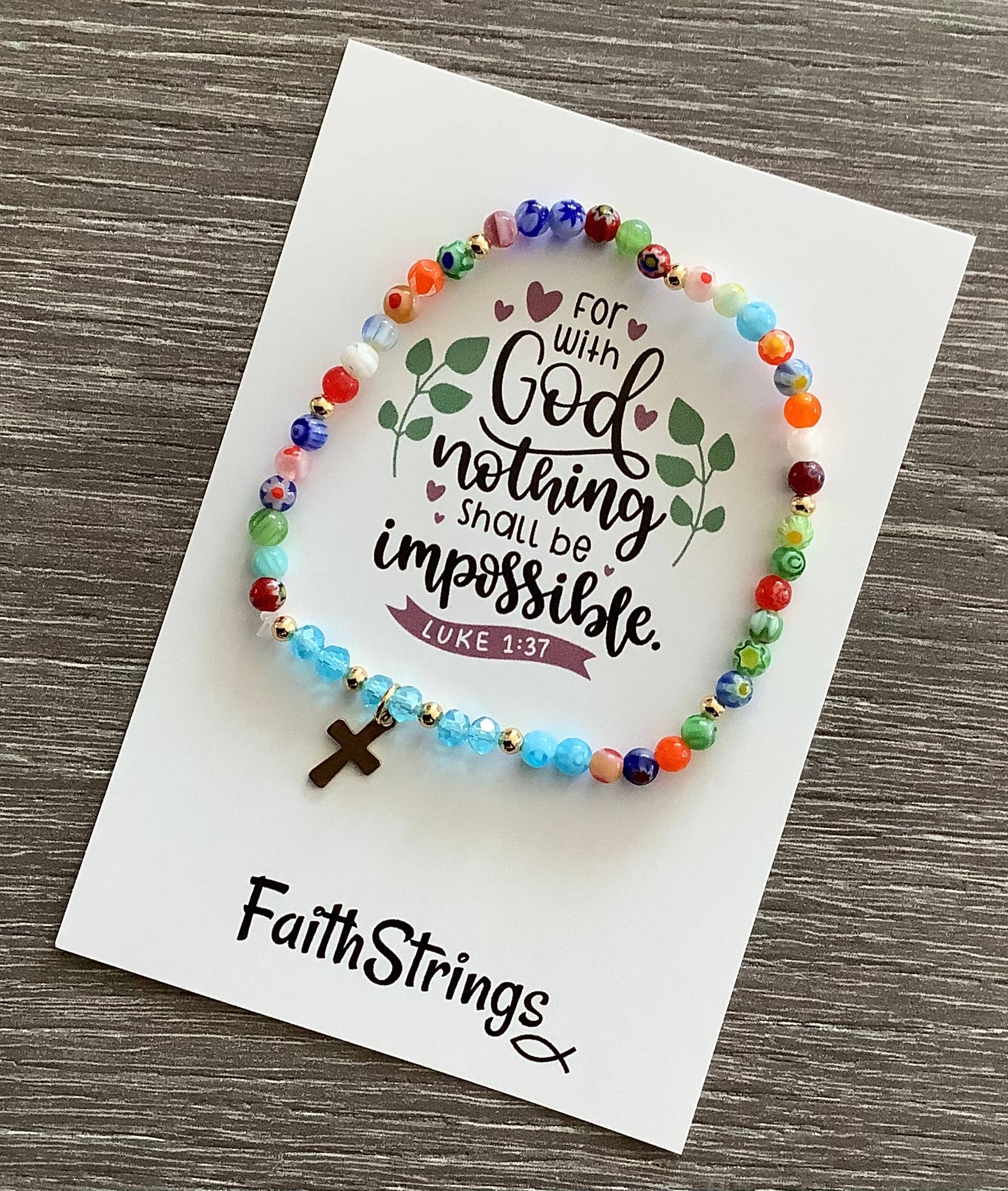 Faithstrings - Wholesale Beaded Bracelet - Millefiori Glass Beaded Bracelet Gold Cross Christian Gift