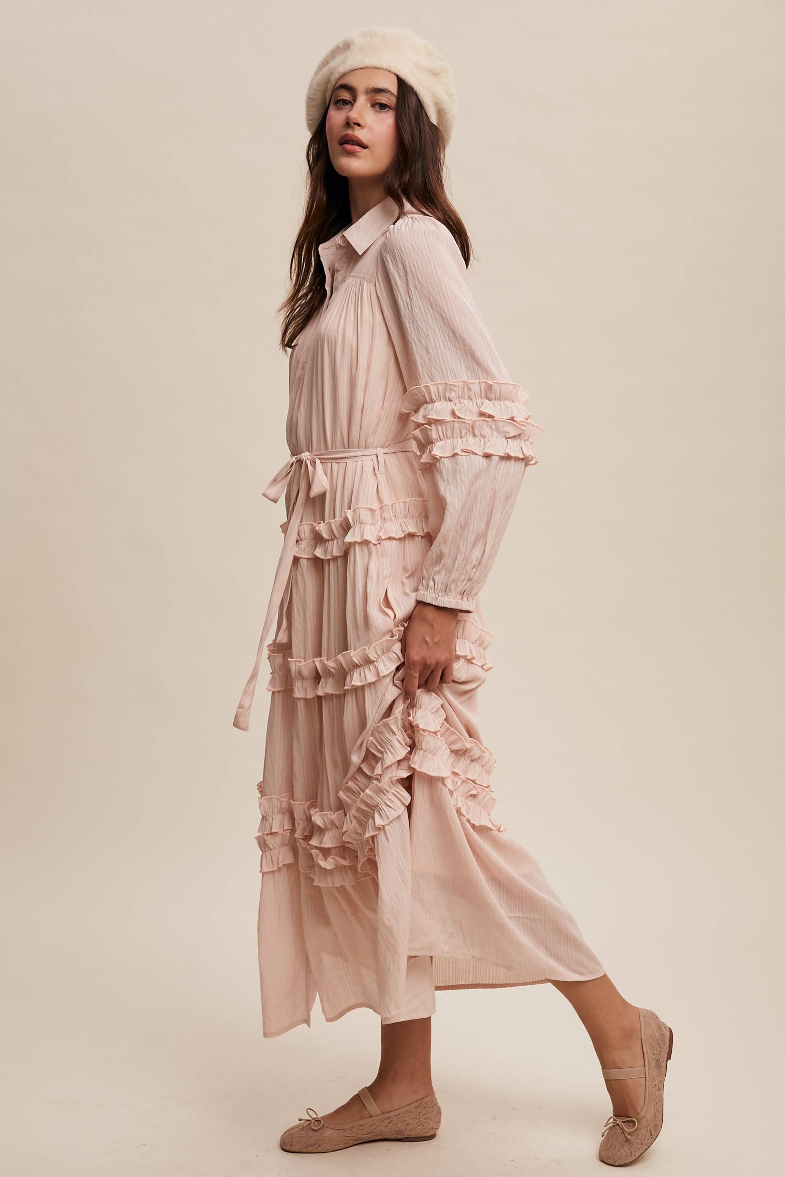 Listicle - Wholesale Dress - Women's - Ruffled Belted Maxi Shirt Dress LD149627
