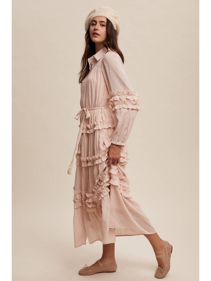 Listicle - Wholesale Dress - Women's - Ruffled Belted Maxi Shirt Dress LD149627