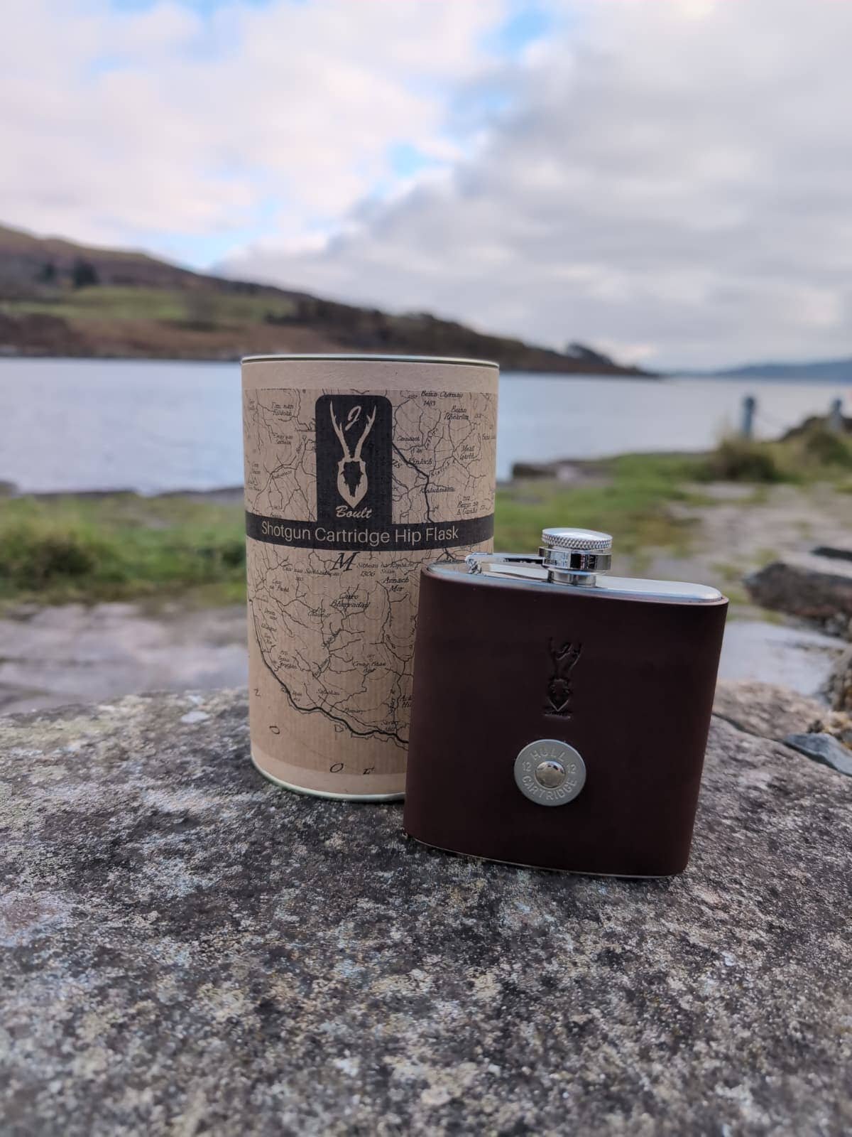 J Boult Designs - Wholesale Drink Huggers & Koozies - Shotgun Cartridge Leather Hip Flask — Hunting Gift for Him