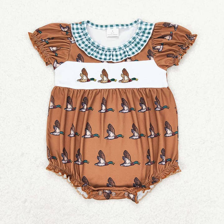 Baby Girls Ducks Green Checkered Ruffle Summer Short Sleeve Rompers for wholesale by Aier Wholesale