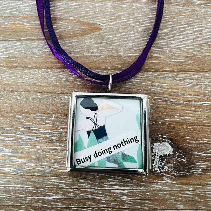Mini Art Collage Pendant Necklace- Busy Doing Nothing for wholesale by Keely Siebenthal Art & Designs