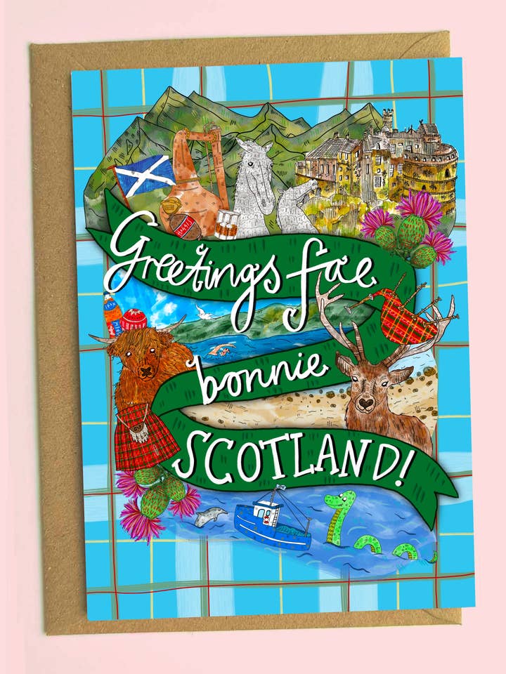 Greetings fae Bonnie Scotland! Card - Scottish Tartan Card for wholesale by Claire Barclay Draws