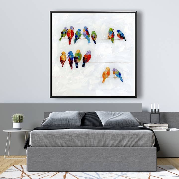 Rood Kleurrijke vogels op een draad | ingelijste print op canvas 48" x 48" voor groothandel op Faire