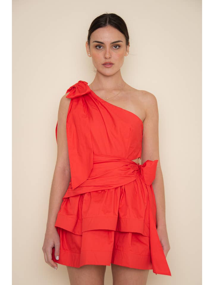 TOMATO RESORT ASYMMETRICAL SHOULDER BOW TIE MINI DRESS-DI10125FO for wholesale on Faire