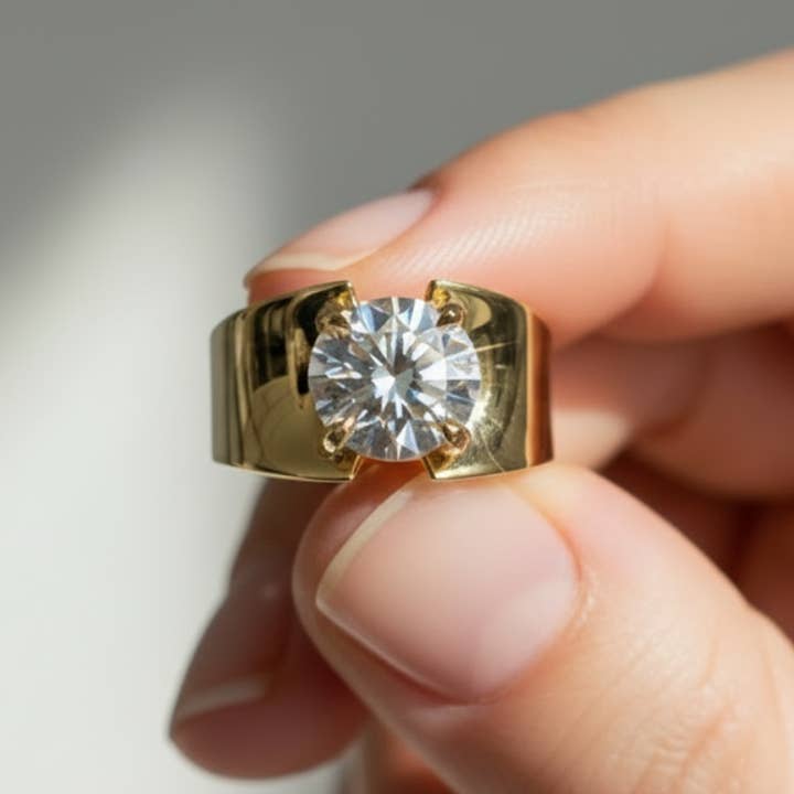 Bague de fiançailles solitaire en diamant rond de 1 à 3 carats avec large bande en or massif 14K pour la vente par Triple C Diamonds
